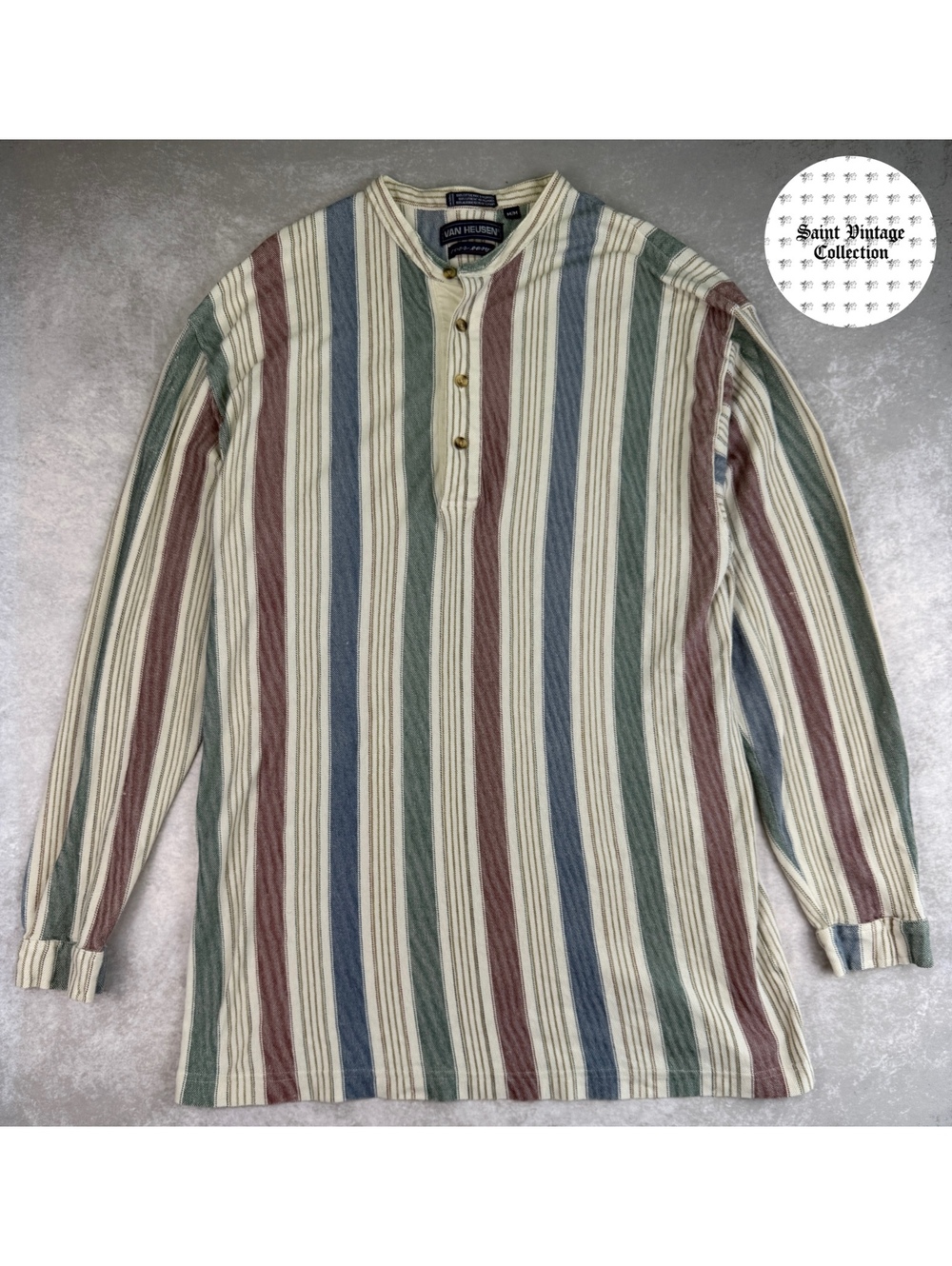 Vintage 90s Van Heusen Striped Knit Multicolor Henley Shirt